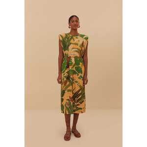 Farm Rio | Beige Tropical Isla Midi Dress~Padded Shoulders & Tiger Tail Belt